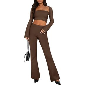 REORIA Womens Fall Two Piece Sets Going Out Outfits Long Sleeve Cardigan with Tube Crop Tops And Flare Pants Lounge Sets