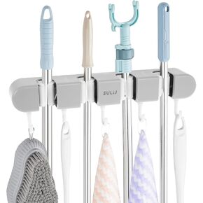 3PCS 4 Racks and 5 Hook Broom Mop Holder with Hooks Wall Mounted Broom Storage Rack No Drilling Self-Adhesive Mop Broom Organizer Mop Holder Hanger for Bathroom Office Kitchen Closet Garage,Gray