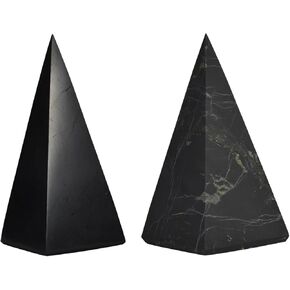 2 pcs Authentic Tall Shungite Pyramids Set 30 mm / 1.18" Polished and Unpolished Chakra Energy Natural Healing Crystal Real Home Protection Desk Decor Meditation Reiki Grounding Stone