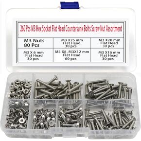 260 قطعة M3 مقبس سداسي مسطح الرأس مسامير غاطسة مجموعة متنوعة من صامولة المسمار - 304 الفولاذ المقاوم للصدأ - M3 × 6 مم / 8 مم / 12 مم / 16 مم / 20 مم / 25 مم تشكيلة براغي غاطسة in Kuwait