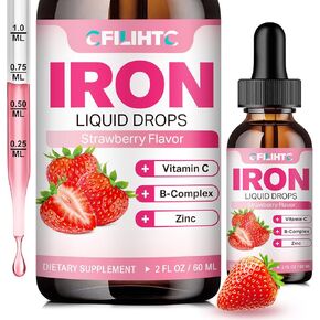 Liquid Iron Supplement for Women Men & Kids Multivitamin Iron Drops with Folate, Vitamin C, B6, B12, Zinc for Anemia, Iron Deficiency, Blood Builder, Energy - Natural Strawberry Flavor, Vegan 2 Fl Oz