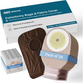 20 PCS Colostomy Bags – Ostomy Supplies - One-Piece Drainable Ostomy Bag with Odor Control for Ilestomy Stoma Care, Includes Measuring Guide, Ostomy Bag Covers, Adhesive Remover Wipes - Cut-to-Fit