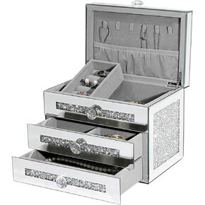 Mirrored Jewelry Box with Lids,3-Tier Jewelry Storage Organizer with 2 Drawers,Crushed Diamond Silver Glass Surface,Necklace Earrings Rings Bracelets Jewelry case for women,Gift Idea