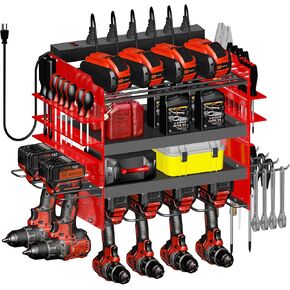 HOMECOR Power Tool Organizer Wall Mount with Charging Station,4-Layer Drill Holder Heavy Duty Metal Storage Rack for Garage Organization 6 Drill Storage Slots Shelf,Gifts for Men Dad Husband Christmas