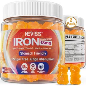 Vegan Iron Gummies Supplement with Vitamin C, B12, Folate & Turmeric - Energy & Immune Health | Gummy Iron Bisglycinate 18mg Gentle & Non-Constipating for Iron Deficiency, Anemia Women Men, 2 Pack