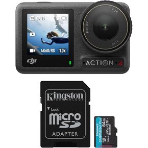 حزمة كومبو قياسية لكاميرا DJI Osmo Action 4 مع بطاقة MicroSD سعة 64 جيجابايت - مستشعر 1/1.3 بوصة، وتصوير منخفض الإضاءة، وعمر بطارية طويل الأمد (عنصران) in Kuwait