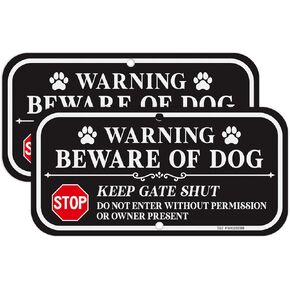 T&R No Trespassing Dog On Premises Sign Keep Gate Shut Do Not Enter Sign - 2 Pack - 12 x 6 Inches Rust Free .040 Aluminum Reflective - UV Protected, Waterproof, Weatherproof and Fade Resistant - 2 Pre-drilled Holes(Black)