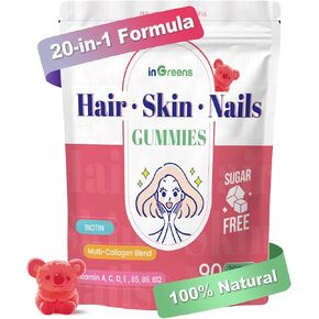 20-in-1 Hair Skin and Nails Gummies - Hair, Skin and Nails Vitamins for Women - 10000 mcg Biotin, Vitamins A, C, D, E - Supports Hair Growth & Radiant Skin - White Peach Flavor - 90 Gummies