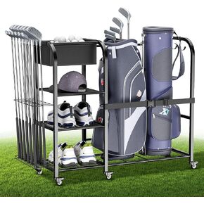 Golf Bag Storage Garage Organizer - Large Golf Bag Organizer Fits 2 Golf Bags and Golf Equipment Accessories - Golf Club Golf Bag Stand Golf Storage Rack with Wheels in Club Garage Basement Shed.