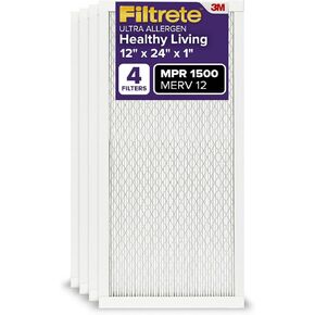Filtrete 12x24x1 Air Filter, MPR 1500, MERV 12, Healthy Living Ultra-Allergen 3-Month Pleated 1-Inch Air Filters, 4 Filters
