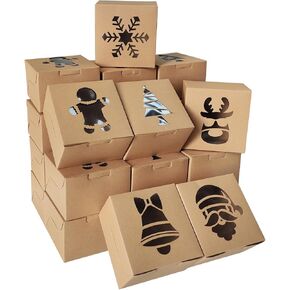 Gute 24 Pcs Christmas Kraft Cookie Boxes, Brown Christmas Treat Boxes with Window 4" x 4" x 2.5" Bakery Gift Warpping Box for Xmas Holiday Party Favor Pastries, Cupcakes, Cookies Donuts Gift-Giving