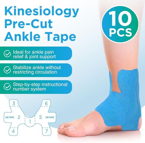 OK TAPE Precut Kinesiology Ankle Tape, 10 Pcs, Pain Relief, Prevent Ankle Sprain, Provide Support for Ankle Ligament, Elastic Athletic Tape, Breathable K Tape for Daily use - Blue in Saudi Arabia
