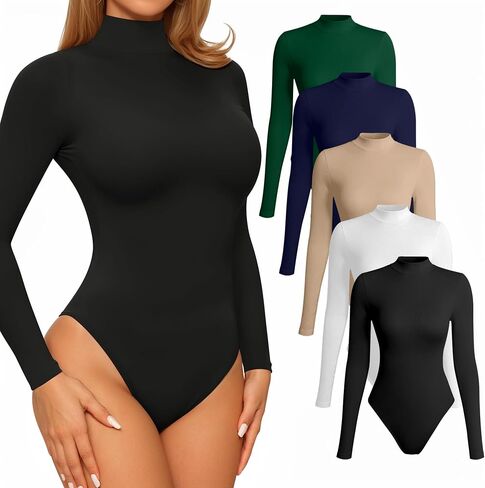 5 Pack Long Sleeve Turtle Neck Bodysuits for Women Slim Fit Mock Neck Body Suits Basic Multicolor Bodysuit Tops in Saudi Arabia