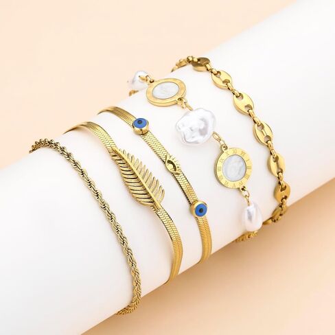 Gold Bracelets Stack for Women Trendy, Dainty 14K Real Gold Plated Jewelry Stackable Beaded Herringbone Rope Cable Adjustable Waterproof Chain Bracelet Pack Set Minimalist Tiny Cute Gifts for Women in Saudi Arabia