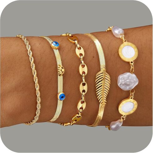 Gold Bracelets Stack for Women Trendy, Dainty 14K Real Gold Plated Jewelry Stackable Beaded Herringbone Rope Cable Adjustable Waterproof Chain Bracelet Pack Set Minimalist Tiny Cute Gifts for Women in Saudi Arabia