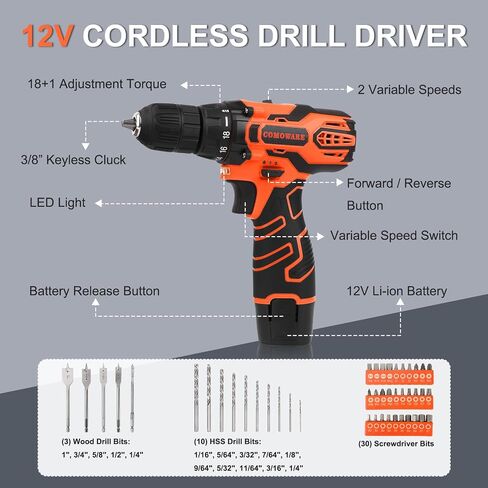 COMOWARE 12V Pink Cordless Drill Driver and Home Tool Kit, Pink Drill Set for Women, Lady's Home Repairing Tool Kit with Power Drill, Large-Capacity Tool Storage Bag Included in Saudi Arabia