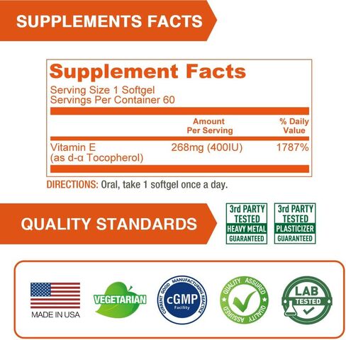 Lovita Vitamin E 400 IU Softgels, Natural Vitamin E 268 mg (as D Alpha Tocopherol), Vegan Vitamin E for Healthy Skin, Hair, Nails & Immune System Support, 60 Vegetarian Softgels in Saudi Arabia