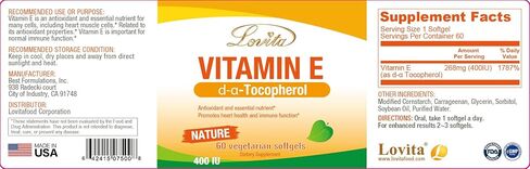 Lovita Vitamin E 400 IU Softgels, Natural Vitamin E 268 mg (as D Alpha Tocopherol), Vegan Vitamin E for Healthy Skin, Hair, Nails & Immune System Support, 60 Vegetarian Softgels in Saudi Arabia