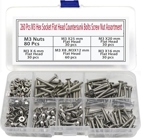 260 قطعة M3 مقبس سداسي مسطح الرأس مسامير غاطسة مجموعة متنوعة من صامولة المسمار - 304 الفولاذ المقاوم للصدأ - M3 × 6 مم / 8 مم / 12 مم / 16 مم / 20 مم / 25 مم تشكيلة براغي غاطسة in Kuwait