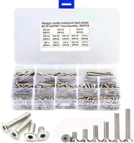 260 قطعة M3 مقبس سداسي مسطح الرأس مسامير غاطسة مجموعة متنوعة من صامولة المسمار - 304 الفولاذ المقاوم للصدأ - M3 × 6 مم / 8 مم / 12 مم / 16 مم / 20 مم / 25 مم تشكيلة براغي غاطسة in Kuwait