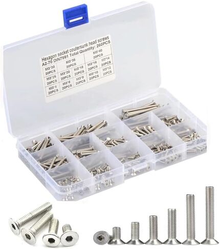 260 قطعة M3 مقبس سداسي مسطح الرأس مسامير غاطسة مجموعة متنوعة من صامولة المسمار - 304 الفولاذ المقاوم للصدأ - M3 × 6 مم / 8 مم / 12 مم / 16 مم / 20 مم / 25 مم تشكيلة براغي غاطسة in Kuwait