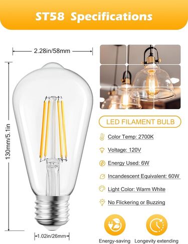 Brightown Vintage LED Edison Bulbs, 6W, Equivalent 60W, High Bright 2700K Warm White,750 Lumens, Non-Dimmable, E26 Medium Base ST58 Antique Filament Bulbs with 80+ CRI for Ceiling Fan Bathroom Porch in Kuwait