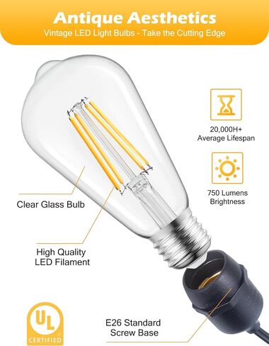 Brightown Vintage LED Edison Bulbs, 6W, Equivalent 60W, High Bright 2700K Warm White,750 Lumens, Non-Dimmable, E26 Medium Base ST58 Antique Filament Bulbs with 80+ CRI for Ceiling Fan Bathroom Porch in Kuwait