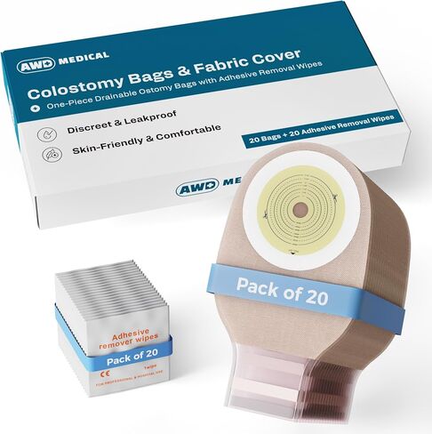20 PCS Colostomy Bags – Ostomy Supplies - One-Piece Drainable Ostomy Bag with Odor Control for Ilestomy Stoma Care, Includes Measuring Guide, Ostomy Bag Covers, Adhesive Remover Wipes - Cut-to-Fit in Kuwait
