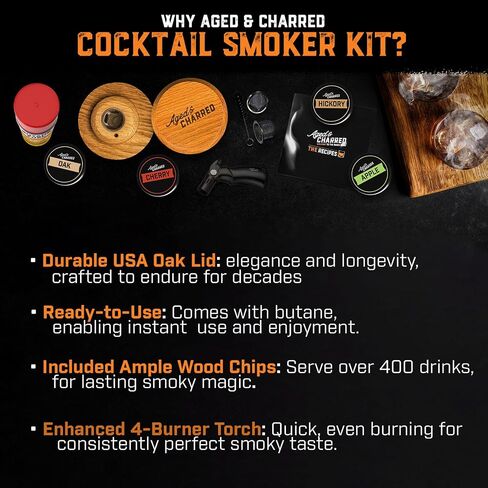Whiskey Cocktail Smoker Kit with Torch & 4 Flavors Wood Chips - Premium USA Oak Smoker - Old Fashioned Smoker Kit - Bourbon Gifts for Men (with Butane) in Saudi Arabia