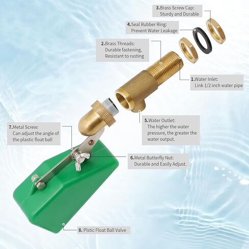 تعويم الكرة صمام النحاس مع 1/2 بوصة إمدادات أنبوب الذكور البلاستيك صمام تعويم المياه مع ذراع قابل للتعديل التلقائي ملء تغذية لحمام السباحة، خزان المياه، أحواض السمك، حوض مياه الماشية (4 حزمة، الأخضر) in Kuwait