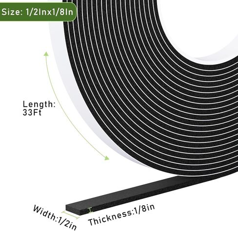 Weather Stripping Door Seal Black,1/2Inch Wide X 3/8Inch Thick,Air Conditioner Window Seal,Self Adhesive Foam Tape High Density Foam Sealing Strip,Soundproof Foam Tape Roll,2 Rolls Total 13.2Ft in Kuwait