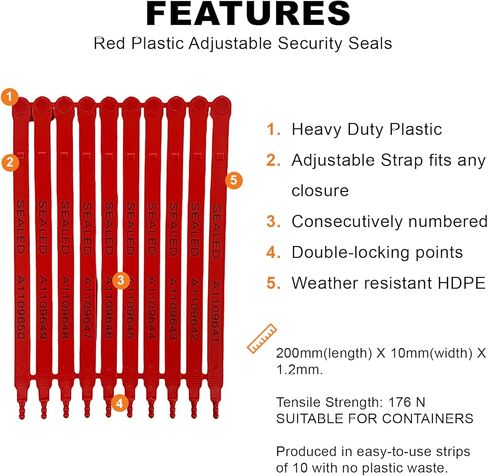 Red Plastic Security Seals (8") - Self Locking Shipping Seal with Print Progressive Numbering – Tamper Proof for Trucks, Trailers, Cargo, Containers, Luggage (1000ct) in Saudi Arabia