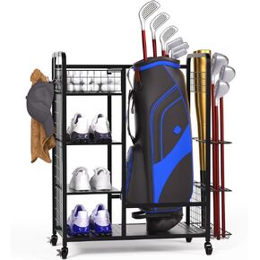 Golf Bags Storage Rack with Wheels, Garage Organizer Stand for Bags, Clubs, Balls, Equipment Accessories