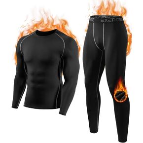 2 Pack Mens Thermal Underwear Set Compression Pants and Long Sleeve Fleece Lined Shirts