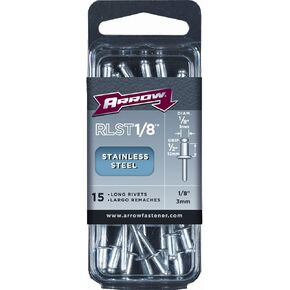 Arrow RLST1/8 Long Stainless Steel 1/8-Inch Pop Rivets For Metal, Fabric, Leather, And Auto Repair, 15-Pack