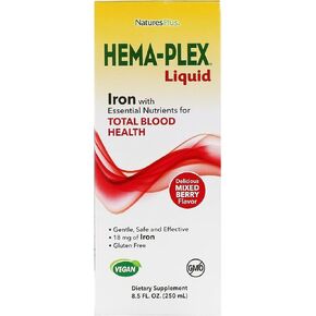 NaturesPlus Hema-Plex Liquid Iron, Mixed Berry - 8.5 oz - Iron & Essential Nutrients - Vegan, Gluten Free - 25 Servings