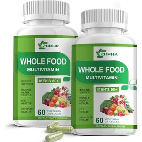 Whole Food Multivitamin Organic Foods Based Superfoods Supplement for Men's 50+, One Daily Multivitamin for Brain, Heart and Eye Health, Improve Digestion & Prostate Health, 120 Capsules