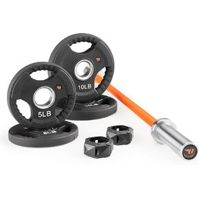 Short Olympic Barbell Weight Set 47" Barbell with Weight Plates (2 x 10-lb +2 x 5-lb) & 2 Locking Collars BBOB-7645