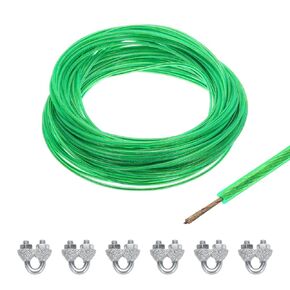 MECCANIXITY 3mm (1/8 inch) Green Vinyl Coated Wire Ropes, 30m /98ft Galvanized Steel Cable Wire Rope with 6PCS M3 Loop Sleeves for String Light Hanging, Deck Railing, Garden Wire