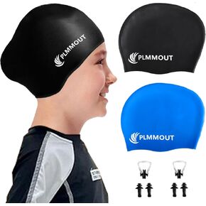 2 Pack Kids Swim Caps,Silicone Swimming Caps for Girls Boys Aged 3-15,Waterproof Swim Hats with Nose Clip and Ear Plugs,Black Blue