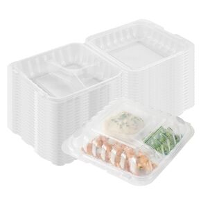 Restaurantware-RW Base 34 Ounce Hinged Clamshell Containers, 100 Disposable Take Out Boxes - 3 Compartments, Secure Lids, Clear Meal Prep Containers, Microwavable, For Pasta Or Salads