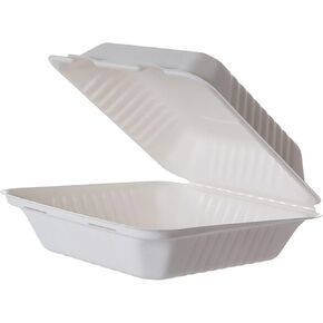 ECO PRODUCTS Compostable 8" Clamshell Soak Proof Vanguard To Go Containers, Case of 200, Square Takeout Food Box, White Renewable Lined Molded Fiber, No-Added PFAS, ASTM Compliant, BPI-Certified