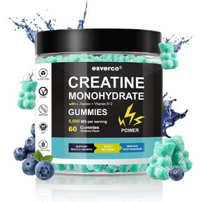 Creatine Monohydrate Gummies 5g, Muscle Growth, Creatine Gummy Supplements, L-Taurine Vitamin B12, Gain Energy, Workout Supplement, Sugar Free, Non-Sticky, Vegan for Men & Women Blueberry 60 Count