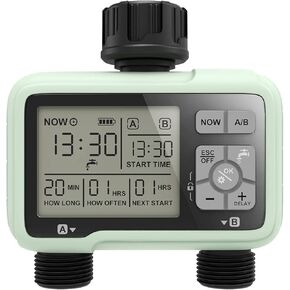 STYDDI Programmable 2-Zone Hose Sprinkler Timer, 2 Output Port Digital Garden Hose Timer, Automatic Watering Irrigation Controller with Rain Delay/Manual/Auto Mode, Outdoor Water Timer for Lawn, Yard