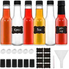 5oz Glass Bottle, Clear Woozy Bottles with Shrink Capsules,Empty Small Beverage Canning Bottles with Black Caps for Kitchen and Party (RED, 6)