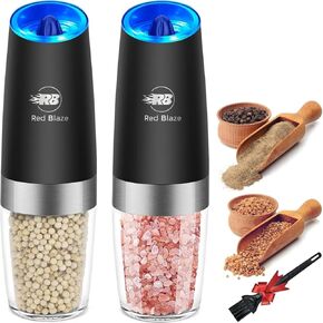 Glass Pepper and Salt Grinder Set, Adjustable Coarseness, One Hand Automatic Operation, Stainless Steel Black, 2 Pack, Medium, 000001