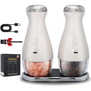 Gravity Electric Pepper and Salt Grinder Set with Storage Base, USB Rechargeable with Warm LED Light, One-Hand Operation, Upgraded Large Capacity Automatic Pepper Mill Grinder