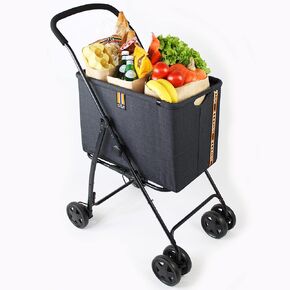 MILA modern shopping trolley, with detatchable basket holds up to 15 kg / 33lbs, easy folding, with foot brake, soft touch handle, black robust fabric, 360 degree swivel double front wheels