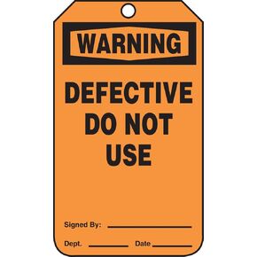Accuform MDT314CTP PF-Cardstock Safety Tag, Legend "Warning DEFECTIVE Do Not Use", 5.75" Length x 3.25" Width x 0.010" Thickness, Black on Orange (Pack of 25)