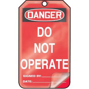 Accuform MDT250LTM HS-Laminate Safety Tag, Legend "Danger Do Not Operate", 5.75" Length x 3.25" Width x 0.024" Thickness, Black/White on Red (Pack of 5)